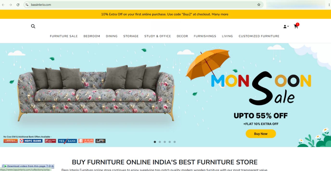 BassInterio -- an e-commerce furniture store offering modern wooden furniture across categories like bedroom, dining, storage and living, with online payment and seasonal sale campaigns.