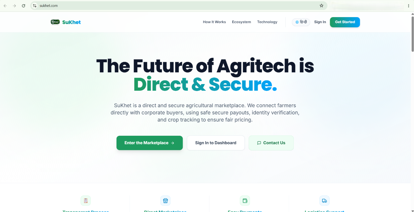SuKhet -- a direct-to-consumer agritech marketplace connecting farmers with corporate buyers through secure payments, identity verification and crop tracking.